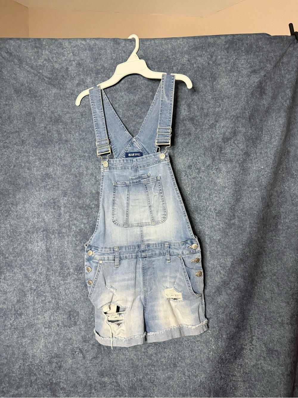 Blue Spice Faded Light Blue Distressed Denim Short Overalls